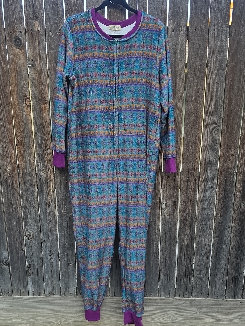 Natural Life Womens Boho Multicolor Fleece Jumpsuit One Piece Pajamas Teal XS/S